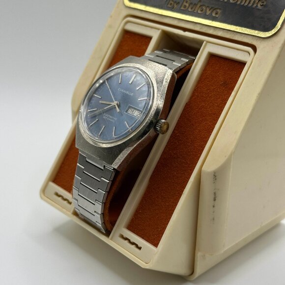 Vintage Caravelle Bulova Electrotime Blue Dial Setomatic Day Date Watch Mens - Picture 3 of 8